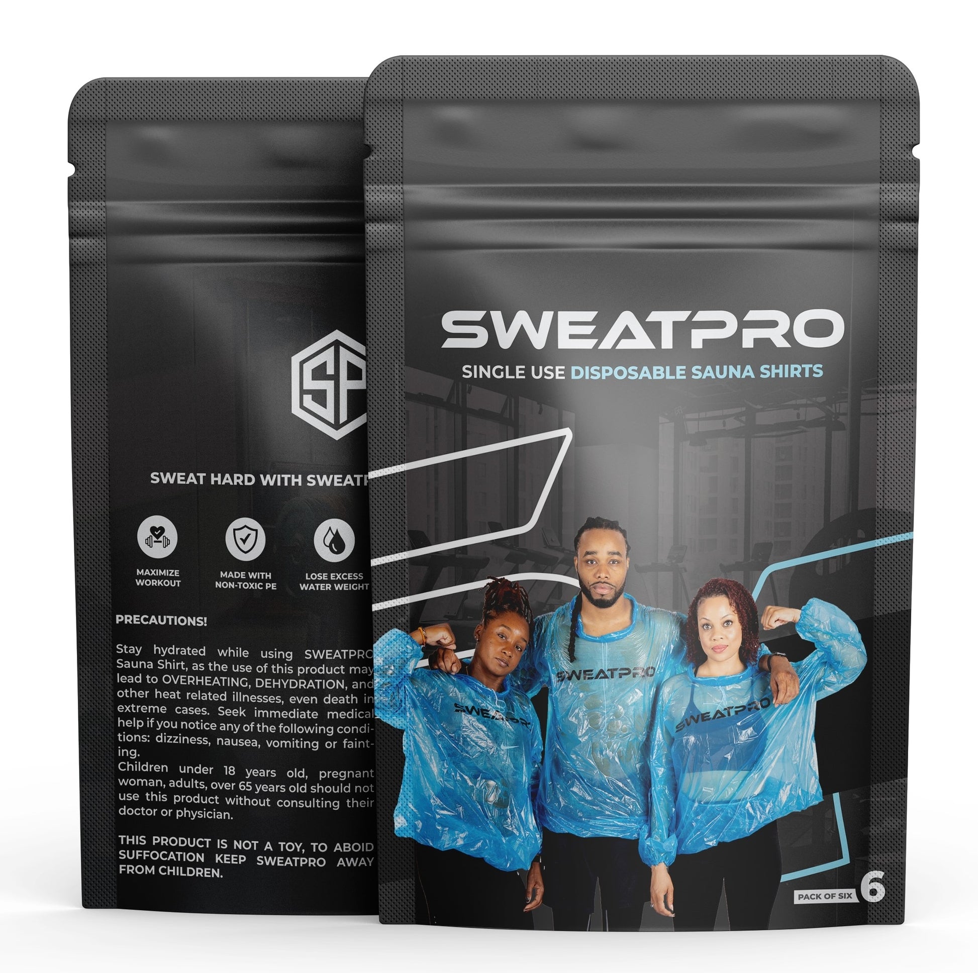Packaging for SweatPro single use disposable sauna shirts “SweatPro Sauna Suit for Weight Loss Workout”