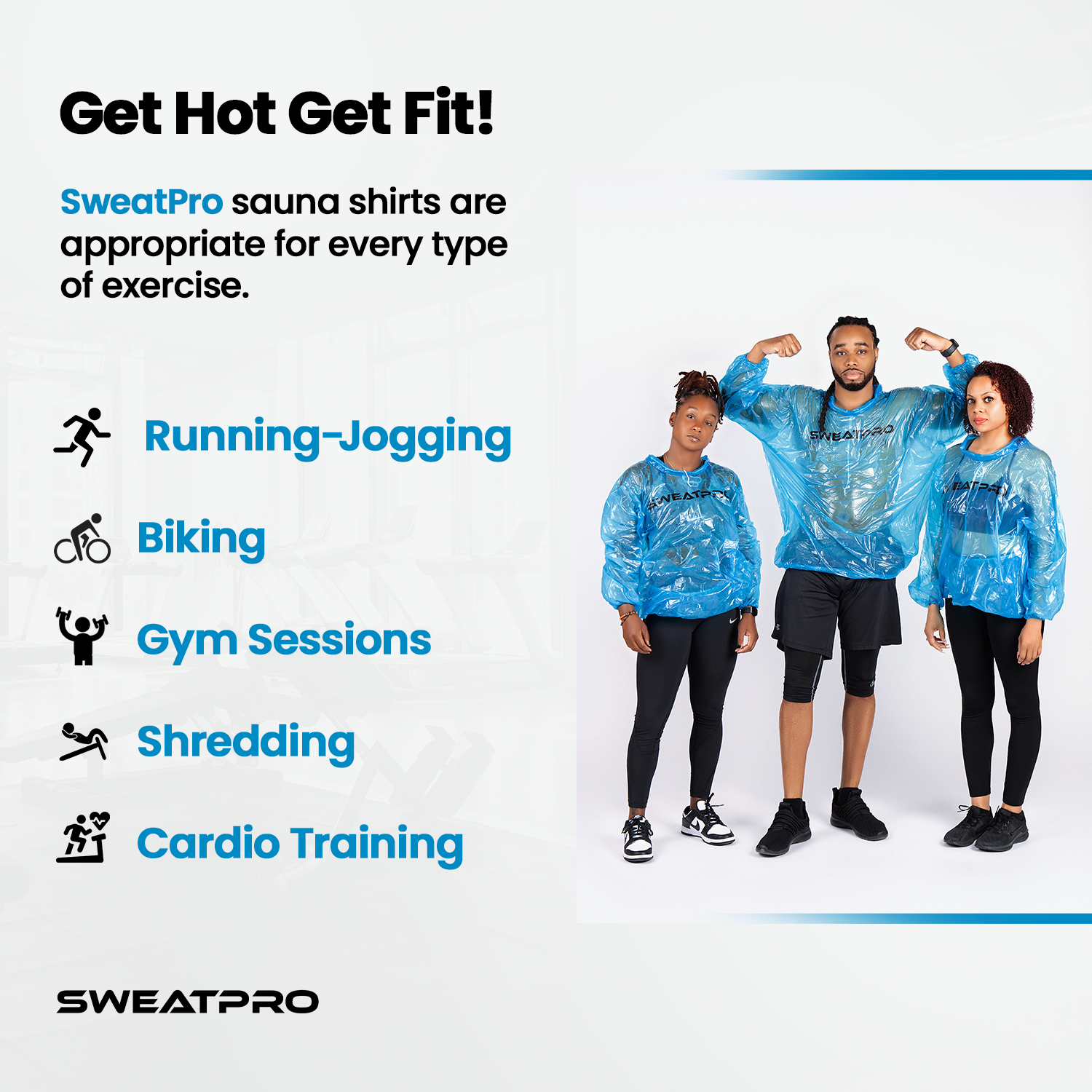 “SweatPro Sauna Suit heat-retaining material and airtight design” “SweatPro Sauna Suit flexible design for cardio and strength training”