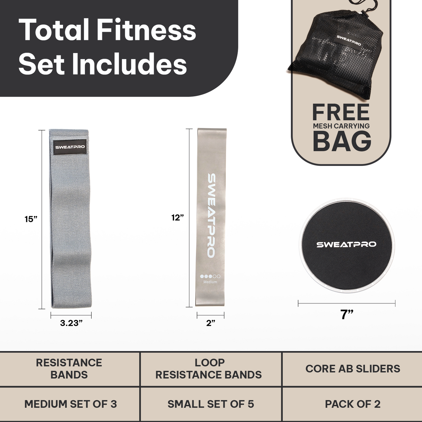 SweatPro Exercise & Toning Kit. Resistance Bands, Booty Bands, Core Sliders Set