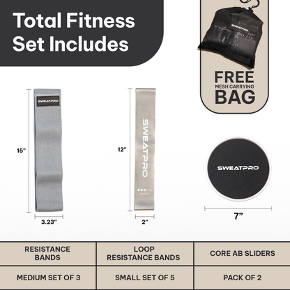 SweatPro Exercise & Toning Kit. Resistance Bands, Booty Bands, Core Sliders Set